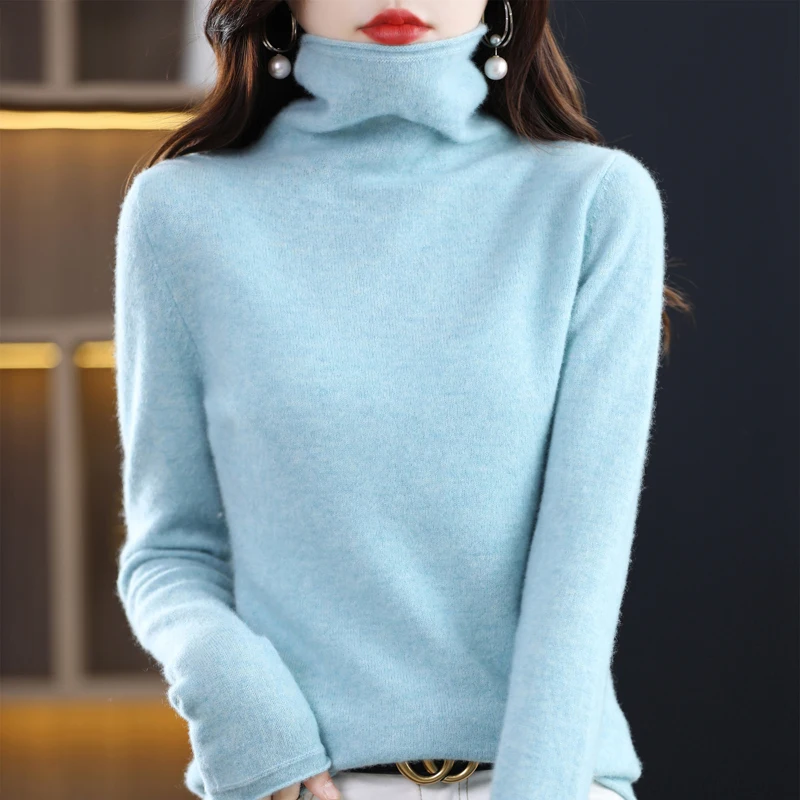 100% Wool Autumn Winter Women Sweater Turtleneck Cashmere Sweater Women Knitted Pullover Keep Warm Long Sleeve Loose Korean Tops