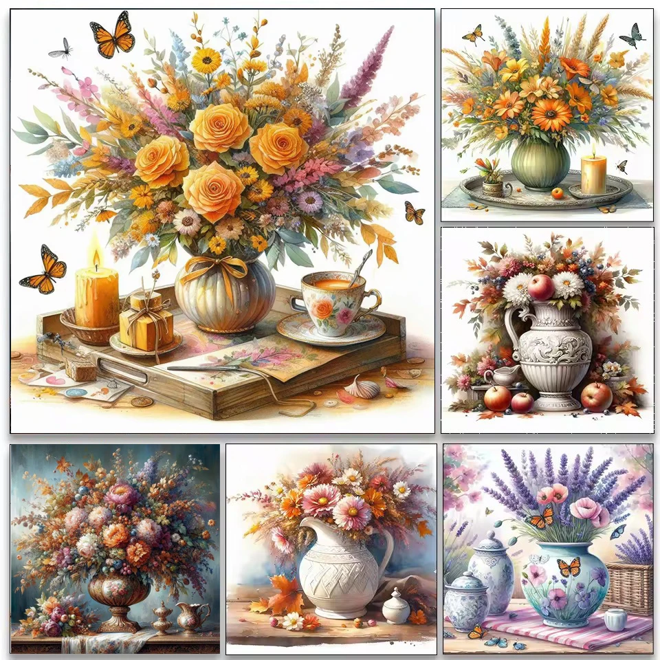 

5D Diy Diamond Painting Cross Stitch Afternoon Tea Flower Vase Still Life Full Square Round Mosaic Diamond Embroidery Kits
