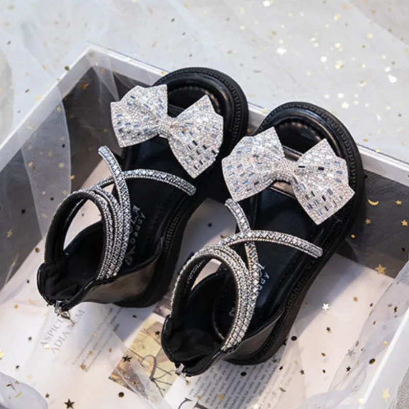 Girls Rhinestones Princess Sandals Children Elegant Gladiator Sandals with Bow-knot Kids Performance Shoes for Party Wedding