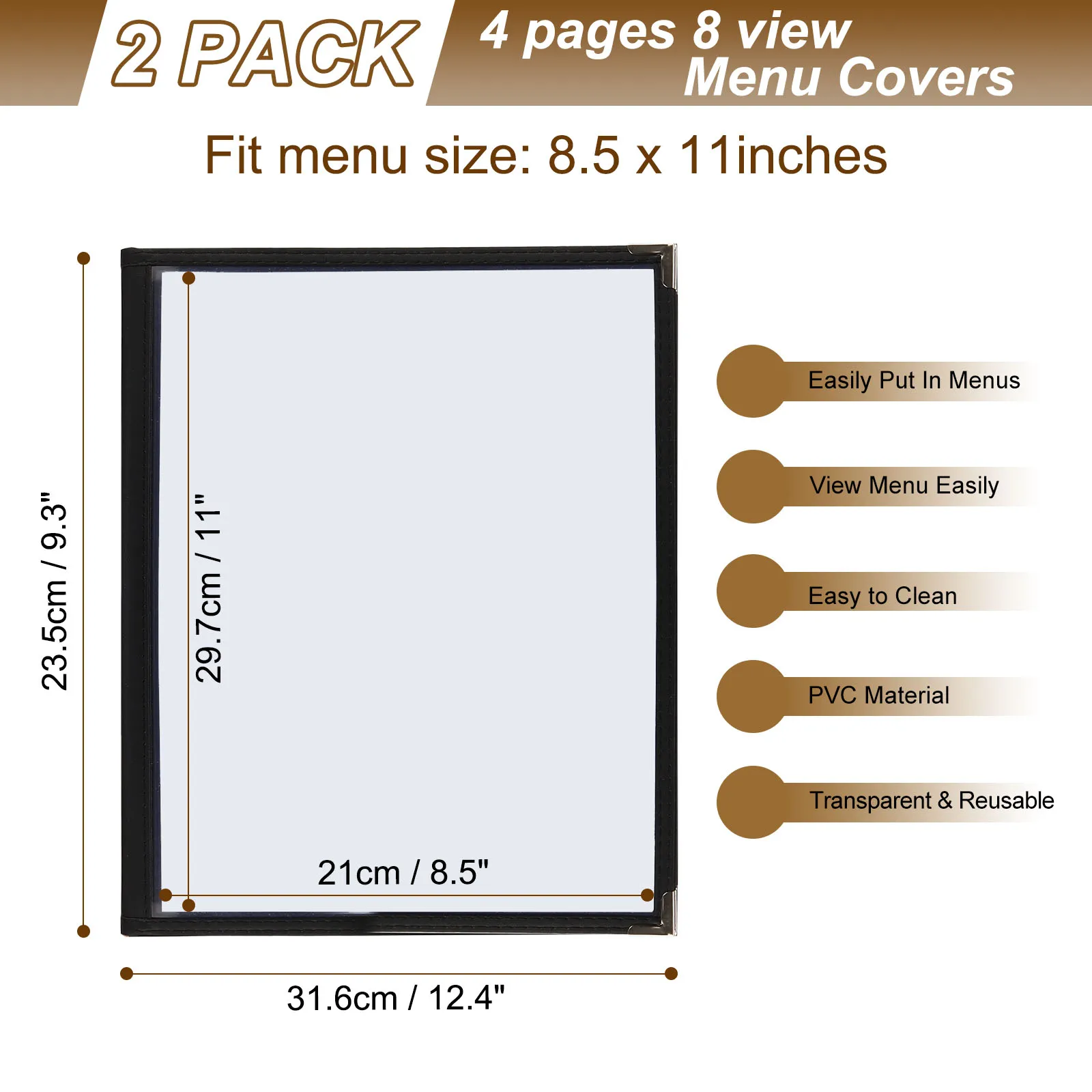 Capas de Menu de Plástico Transparente para Restaurante, Cover Holder, Clear Sleeves, Menu Folder, Livro para Snack Bar, Hotéis, 4 Page, 8 View, 2Pcs