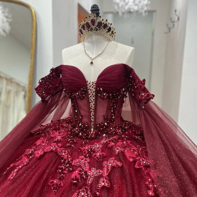 Luxury Burgundy Shiny Ball Gown Quinceanera Dresses Bow Beads Tull With Cape Lace Up Birthday Party Vestidos De 15 Anos Sweet 16