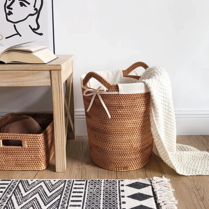 Creative Woven Storage Basket for Home Organization Simple Rattan Laundry Hamper Autumn Style Dirty Clothes Bin Household