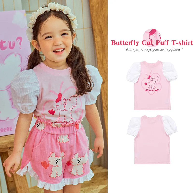 

2025 Summer New Product Girls' Casual Top Cute Cartoon Cat Printed Bubble Sleeve Short Sleeve T