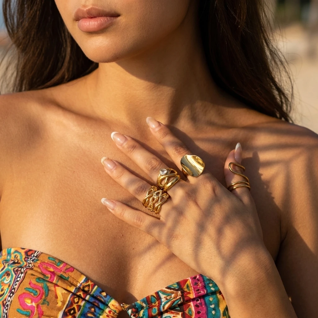 Multi Layer Criss Cross Twisted Knot Ring for Women Gold Color Stainless Steel Waterproof Pave Crystal Illusion Stacking Band