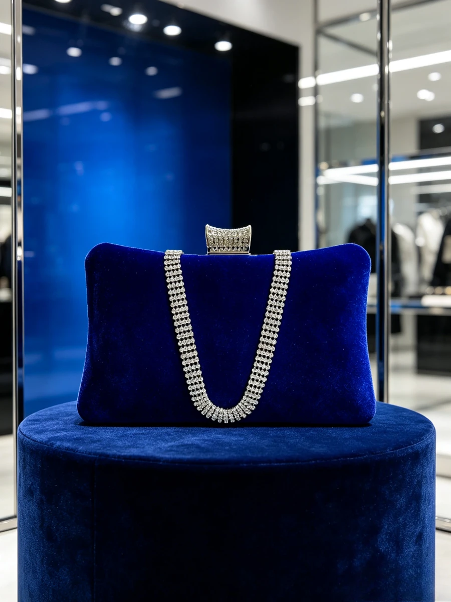 Royal Blue Velvet V Shape Rhinestone Chain Clutch Crystal Beaded Evening Handbag Luxury Formal Wedding Purse Middle Aged Ladies