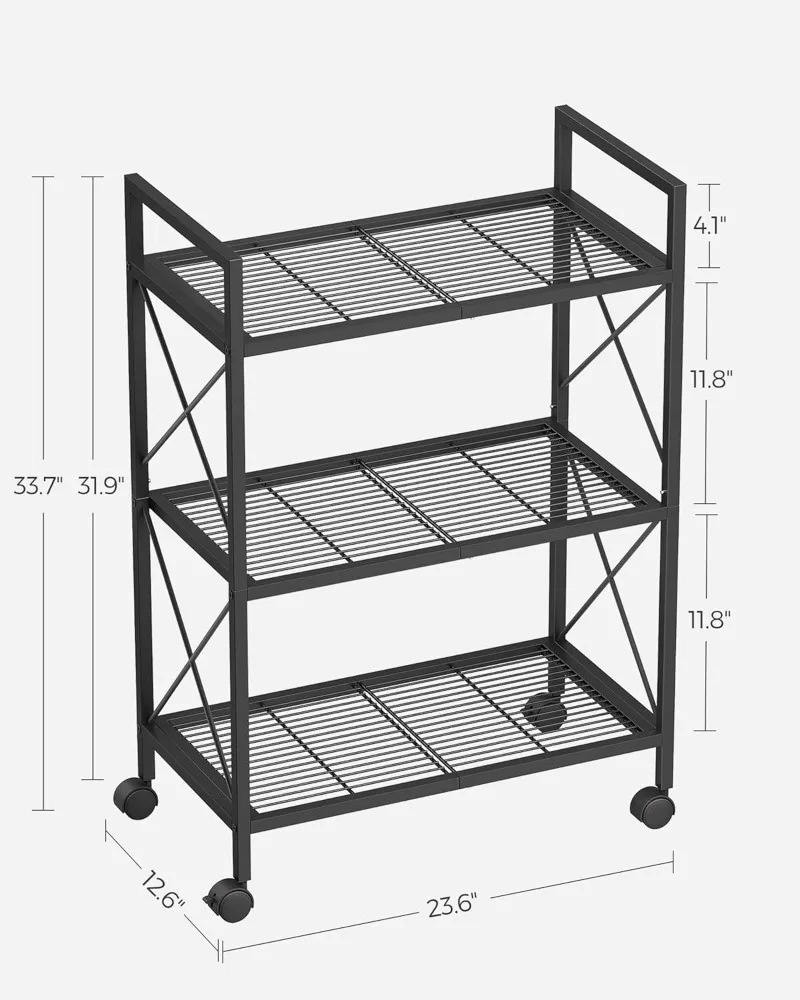 3-Tier Metal Storage Rack with Wheels, Mesh Shelving Unit with X Side Frames, 23.6-Inch Width, for Entryway, Kitchen