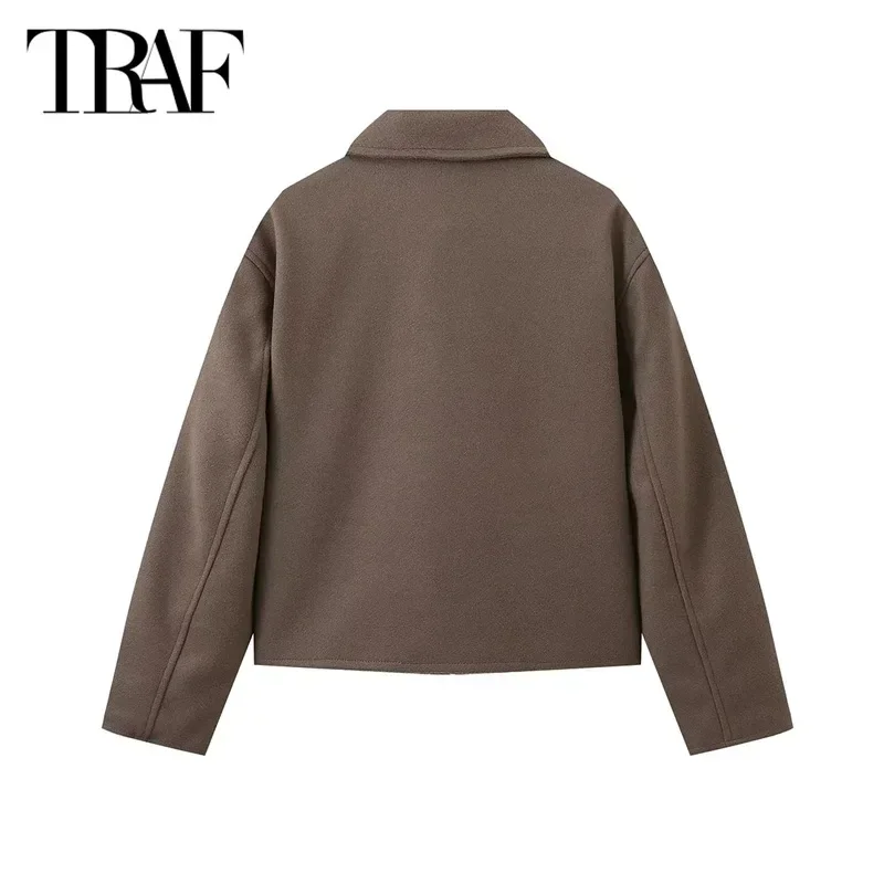 TRAF Women Brown Bomber Jacket Cropped Outerwears Autumn 2024 Wool&Blend Coat Ladies Fashion Casual Long Sleeve Short Jacket