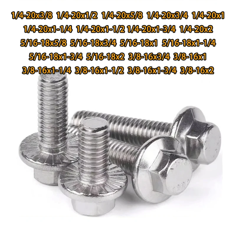 

UNC Flange Bolts 1/4 5/16 3/8 304Stainless Steel Flange Head Bolt Hexagon Head with Serrated Washer Cap Screw for Car Motorcycle