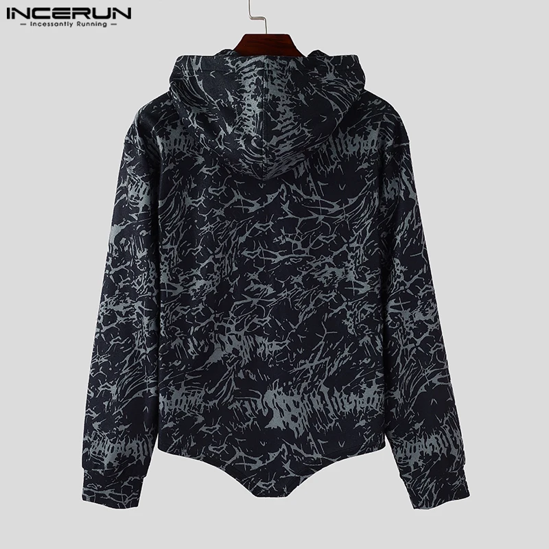 Fashion Casual Style Tops INCERUN Men Inverted Triangle Waist Hooded Sweatshirt Personality Mottled Printed Long Sleeved Hoodies