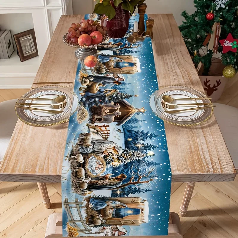 Winter Christian Prayer Town Patin Szene Umweltfreundliches Tischläufer-Set aus Leinen, ideales Geschenk für Urlaubsessen und Dekoration