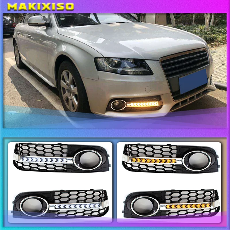 

1Pair Honeycomb Mesh Grille Flowing LED Daytime Running Lamps Fog Light Cover Turn Signal Light For AUDI A4 B8 2009 2010 2011