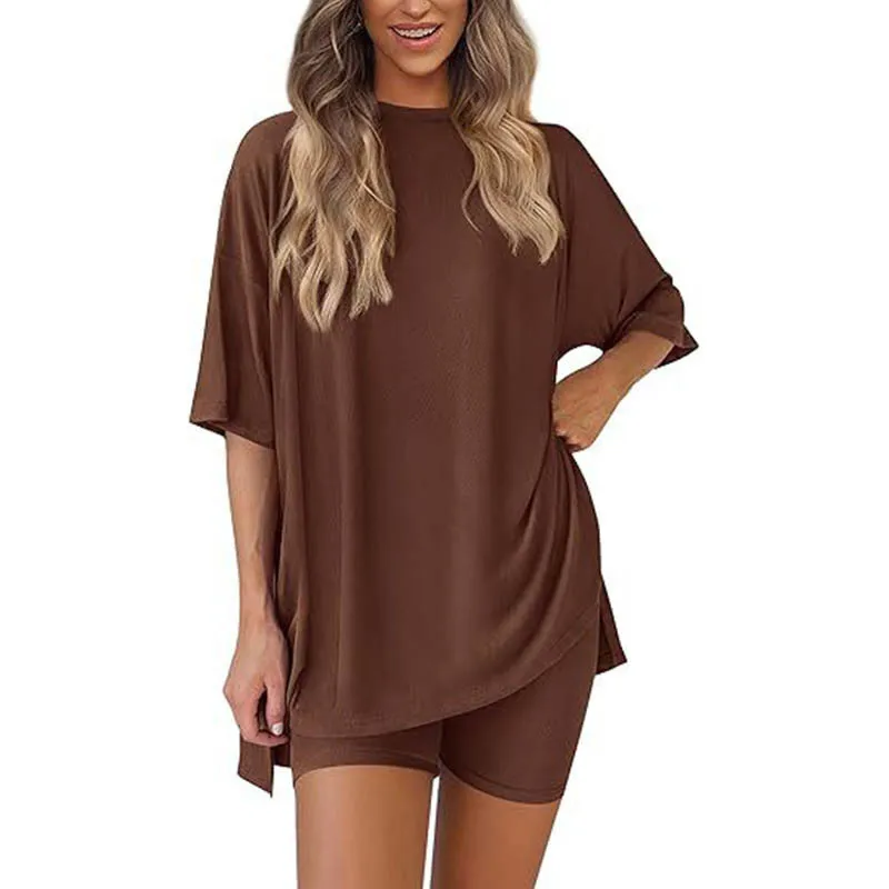 

Summer Women's Casual Tracksuits Round Neck Split Short Sleeve And Slim Shorts Two Piece Set Women Matching Sets