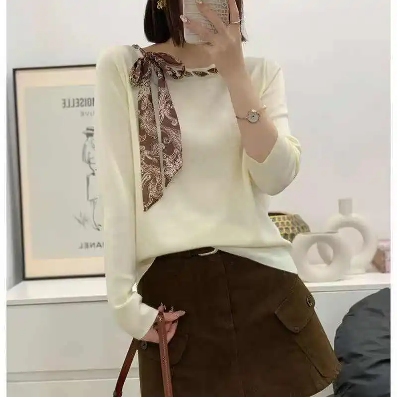 I-neck scarf with long sleeve sweater temperament Joker ultra-fine cashmere top.