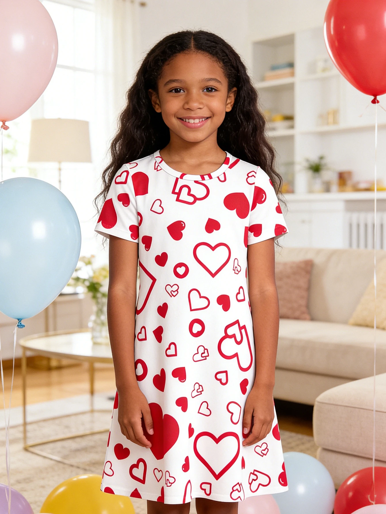 

2026 children's red and white love full print summer short-sleeved dress