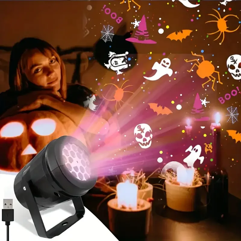 1pc Halloween Projector Light USB Powered LED Night Light with Dynamic Pumpkin Skull Spider 16 Patterns for Bedroom Home Party