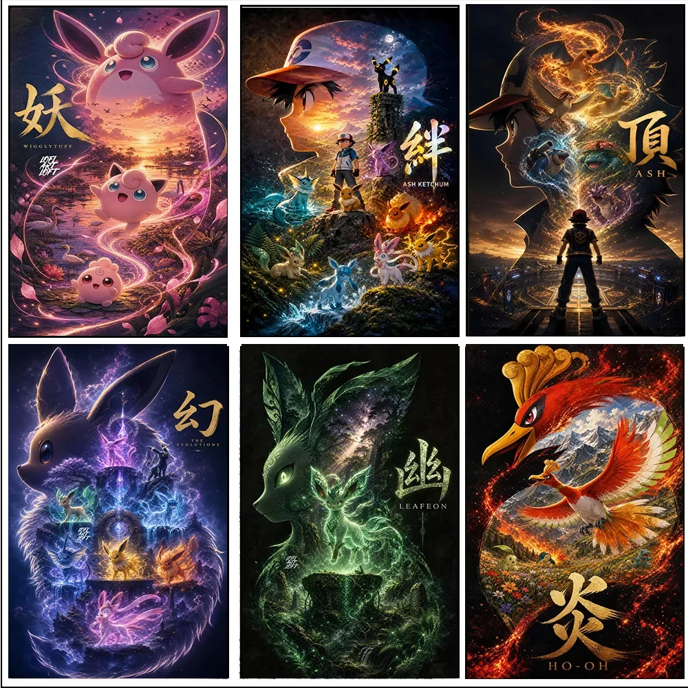 Frameless canvas paintings,Japanese Classic Anime Pokémon Characters Canvas Painting Eevee Evolutions Ho Oh Fire Bird Anime Post