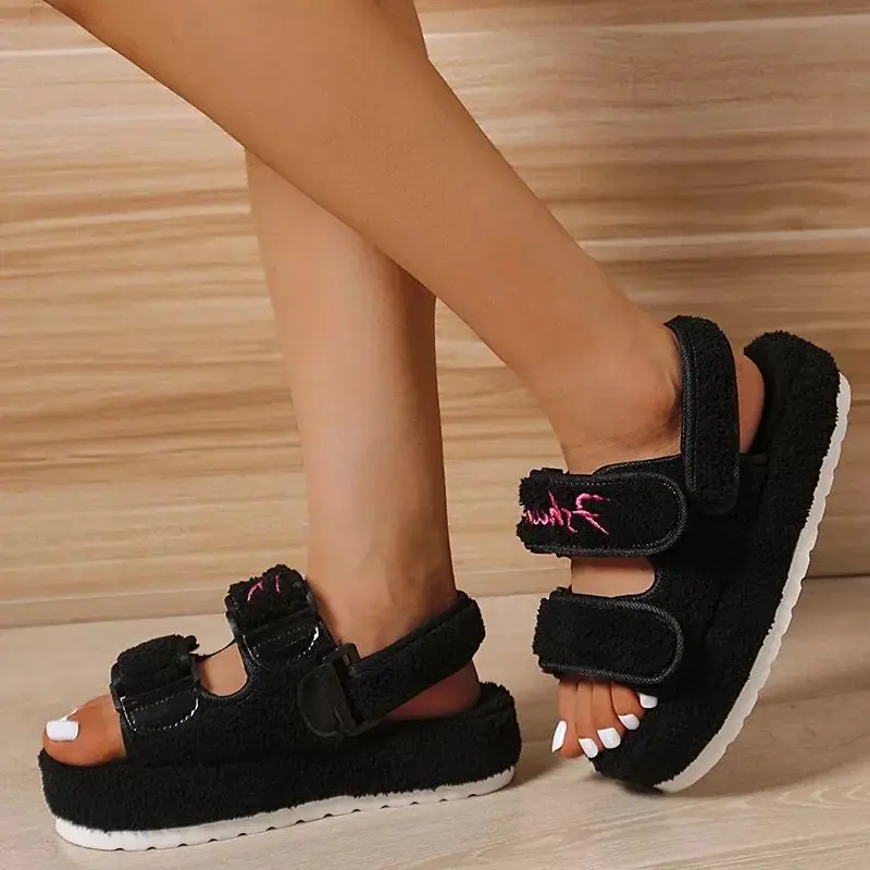 Fur Platform Sandals Women Summer Thick Flat Slides Sandals Girl Fashion Casual Beach Shoes Ladies Open-Toe Plus Size Shoes