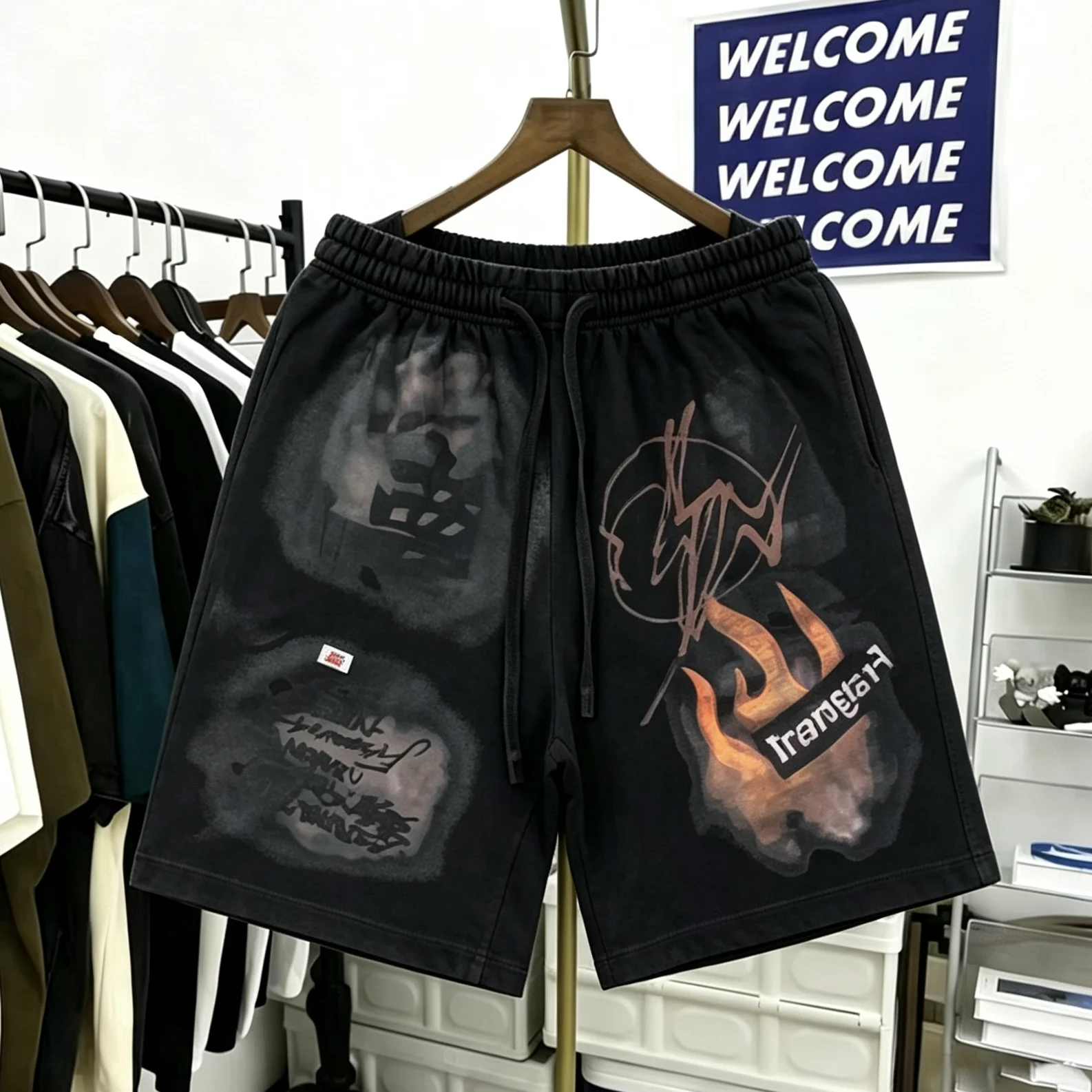 Cactus Jack Flame Print Washed Shorts American High Street Style Casual Straight Leg Cotton Pants for Teen Boys
