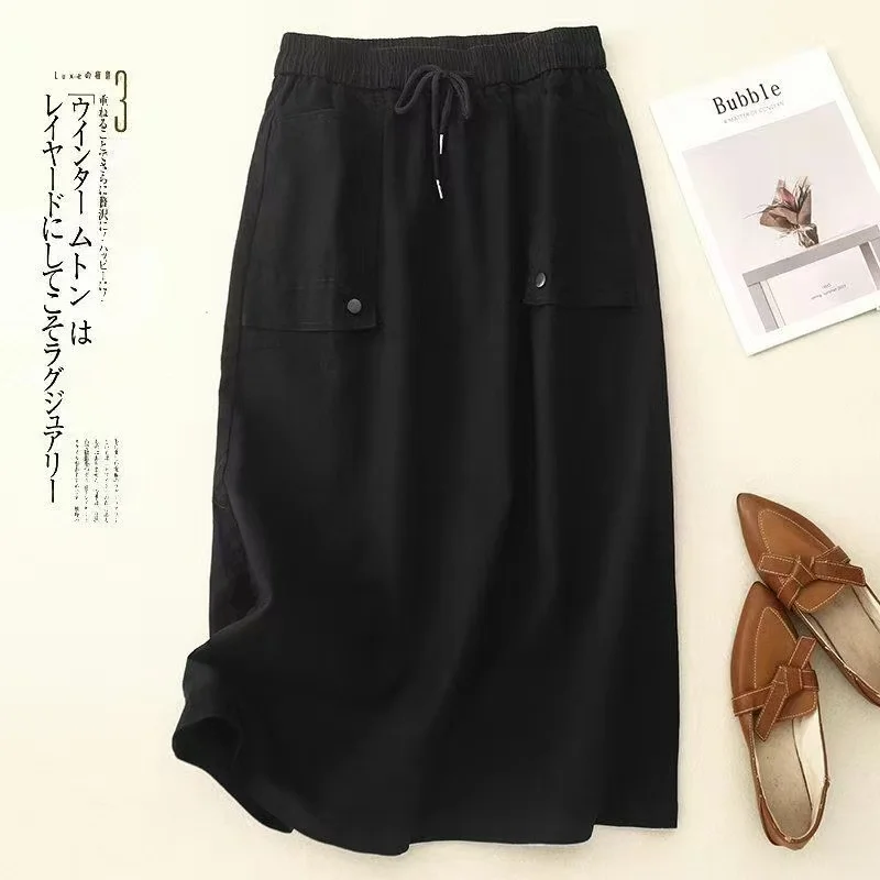 2025 neue Röcke Frauen Mode Frühjahr Sommer Große Tasche Midi Elegante Hohe Taille Weibliche Röcke Casual Elastische Wilde Damen Röcke