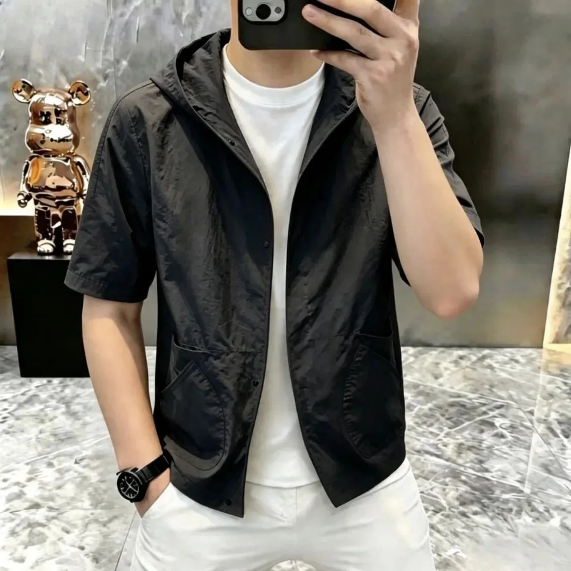 Casual Men's Short Sleeve Hoodie Shirt Functional Style Outdoor Wear Breathable Polyester Fiber Summer Commute Fashionable Top