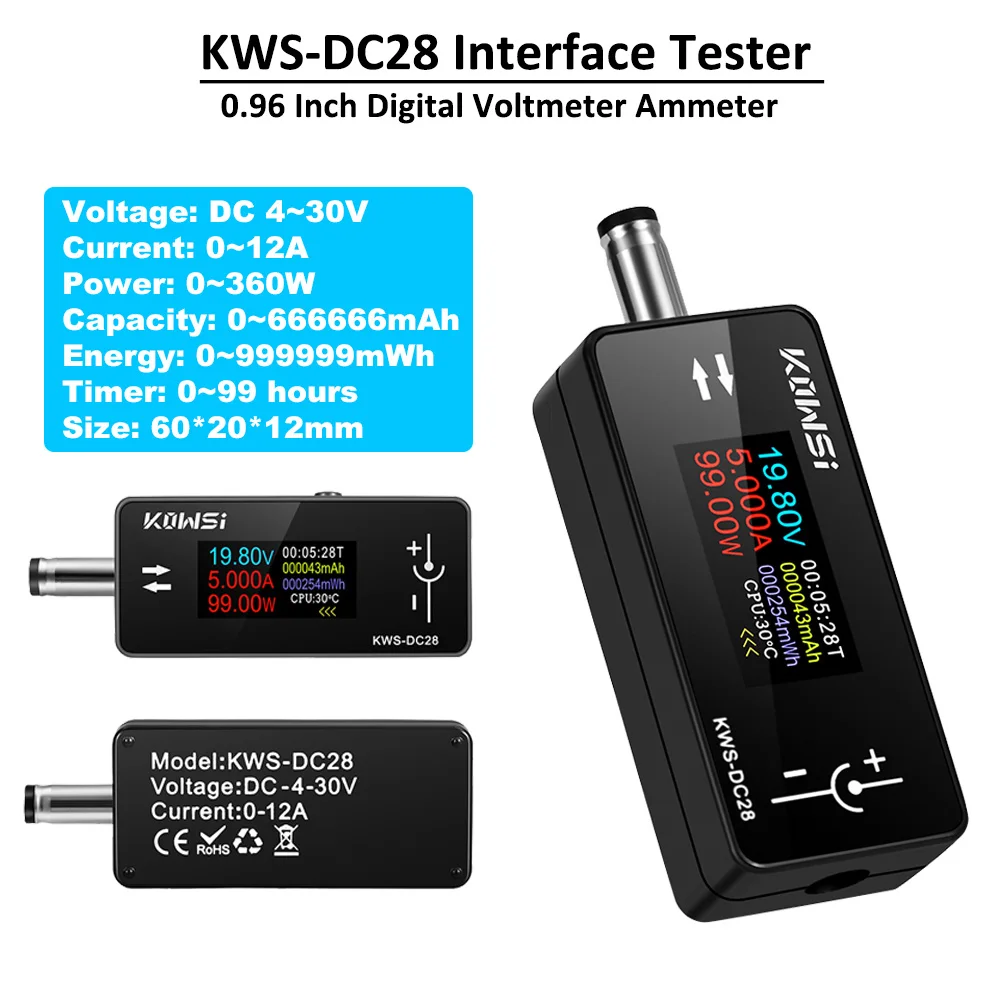 

DC 4-30V 12A Voltage Current Tester Digital Voltmeter Ammeter 0.96 Inch TFT Color Screen Power Meter DC 5.5*2.5 Interface Tester