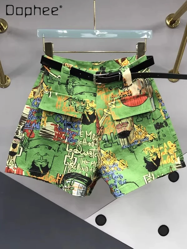 

Trendy Green High-waisted Versatile Denim Shorts Women European Products Summer Letter-printed Loose Slim Casual Wide-leg Pants