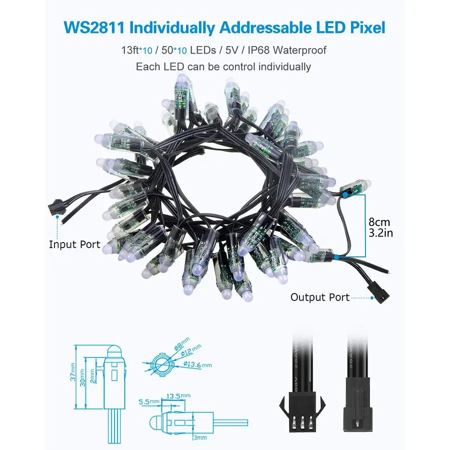 WS2811 RGB LED بكسل ضوء قابل للعنونة بشكل فردي 12 مللي متر منتشر كامل اللون رصاصة بكسل تيار مستمر 5 فولت IP68 مقاوم للماء 500 قطعة للخارجية