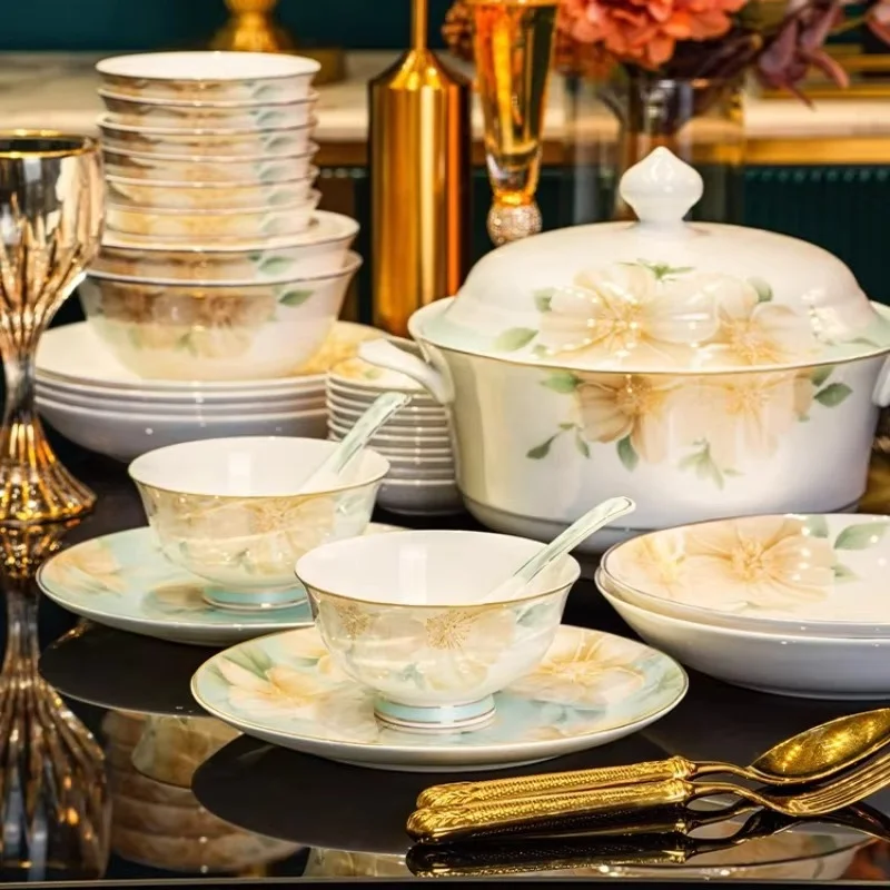 2025 New Jingdezhen Bone China Tableware Set For Home Use High-end Chinese-style Bowl Plate Set Wedding Gift Box Light Luxury