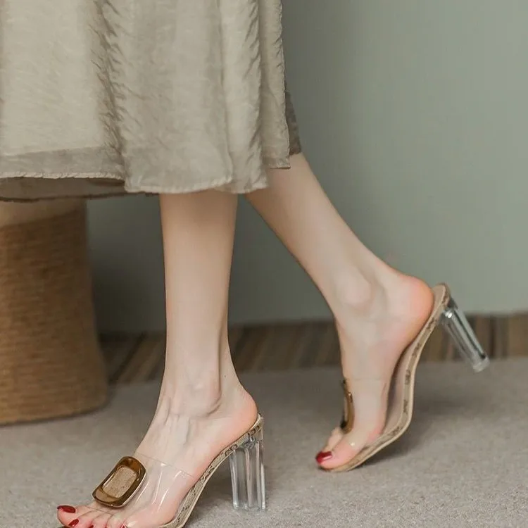 Transparent high heels 2024 new slippers female summer wear thick heel sandals female half slipper diamond heel heels