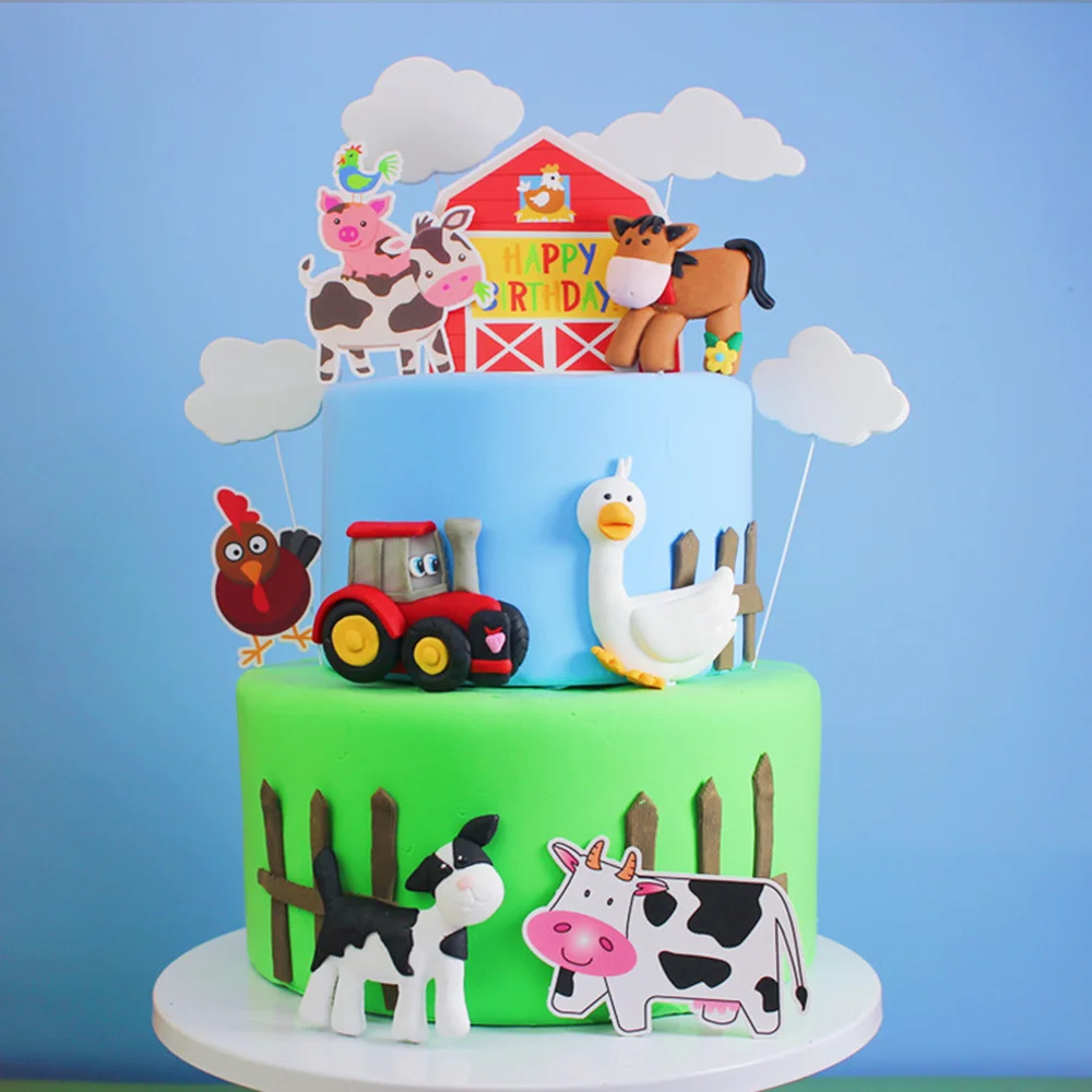 Farm Animal Cake Topper Decor Barnyard Animals Theme Birthday Baby Shower Tractor Shepherd Dog Granary Cow Goose White Couds