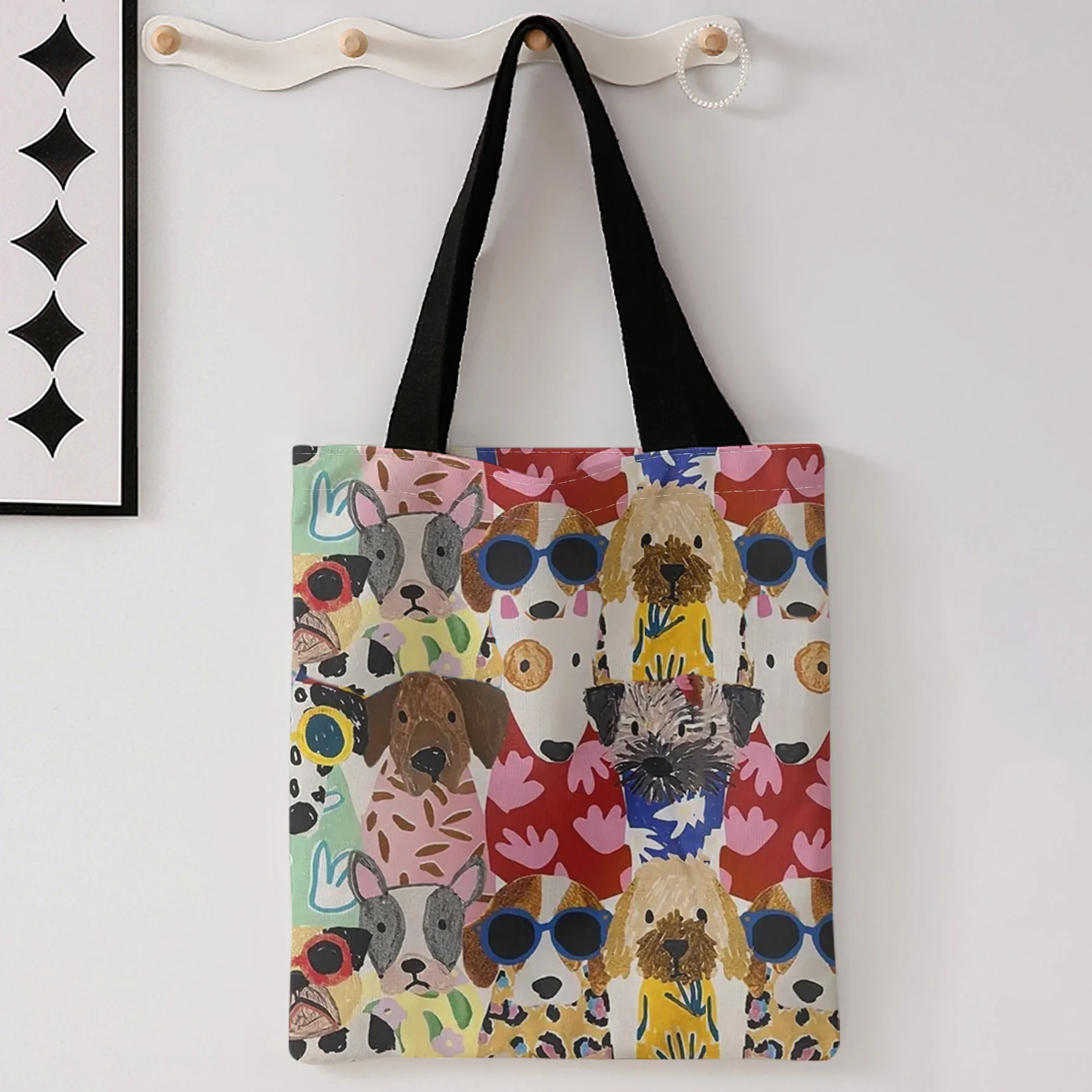 Cartoon Cool Puppy Collage Print Tote Bag Large Capacity Shoulder Bag For Shopping Travel Daily Use