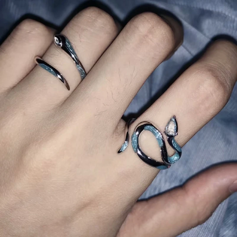 Fashion Sea Ice Blue Enamel Snake Openning Ring for Women Girls Normcore Metal Finger Rings Punk Party Jewelry Accessories Gift