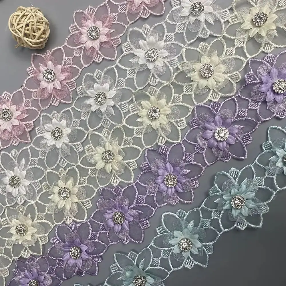 

1 Yard 3-Layer Flower Lace Trim Embroidered Fabric with Diamond Detail for Costume Hat Wedding Dress Sewing And Craft Decoration