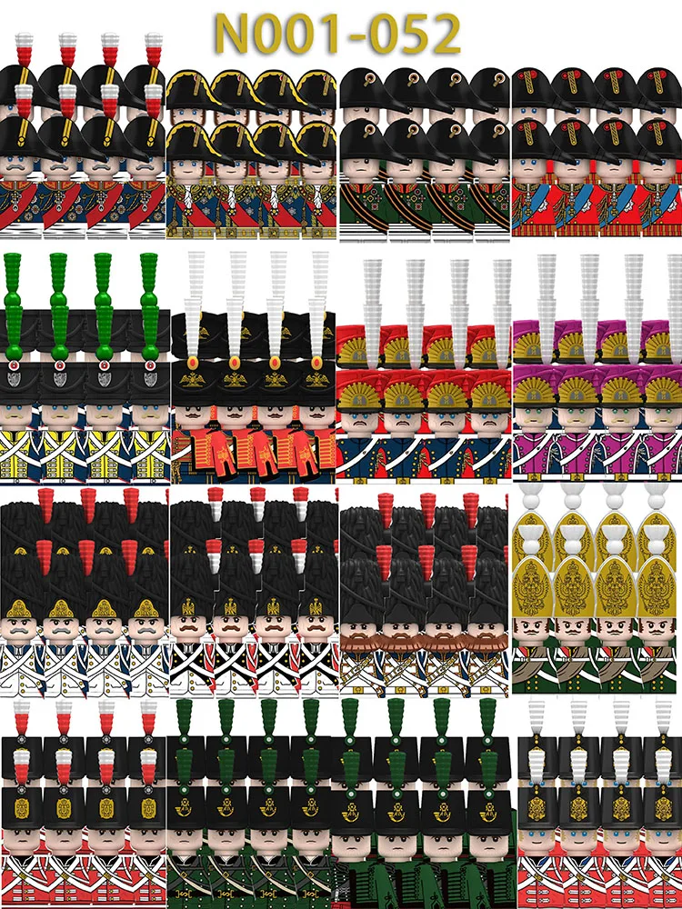 Figurines de soldats des guerres napoléoniennes, blocs de construction, dragonneur français, grenadier, armée prussienne, infanterie britannique, drapeau, canon, briques, jouets