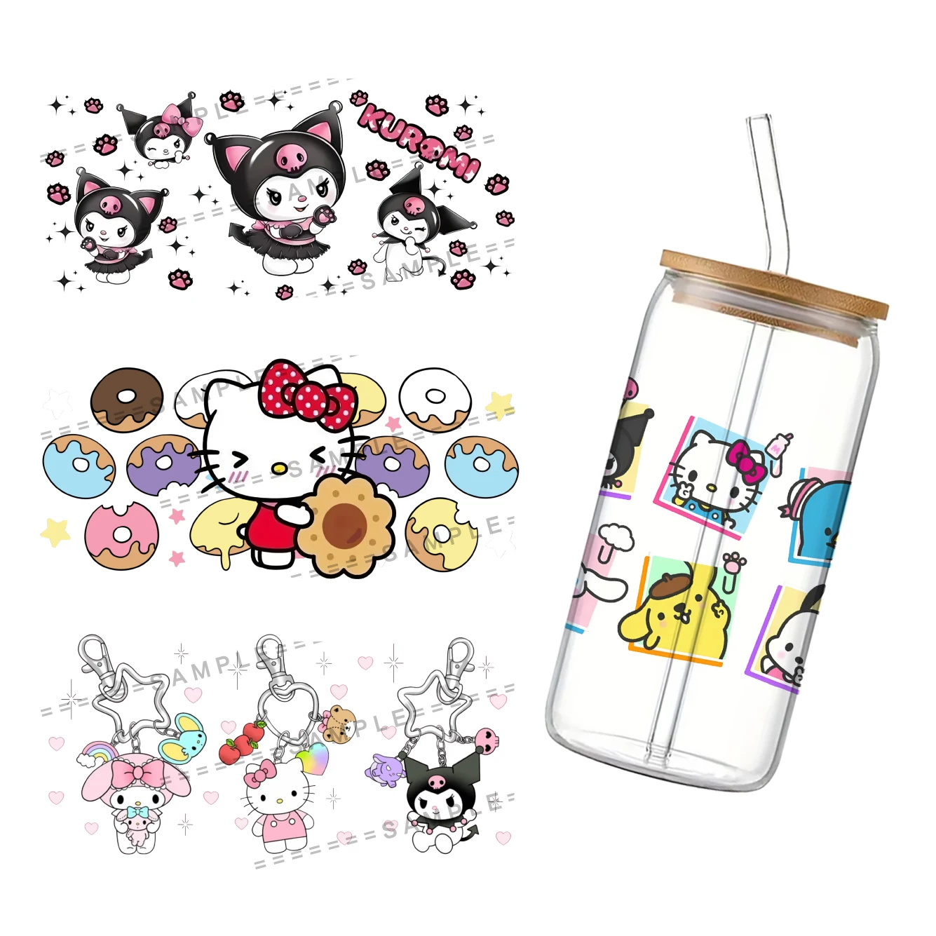 2024 New Sanrio Theme For Libbey 16oz Can Glass 3D Waterproof UV DTF Coffee Can Wrap Libbey Glass Wrap