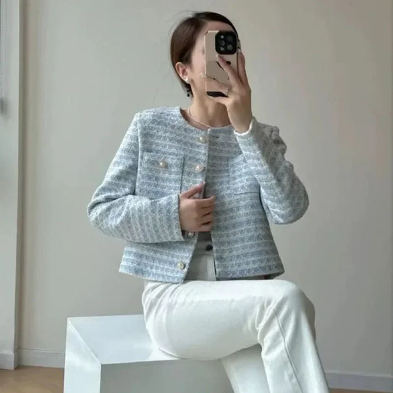 Autumn Winter Women Tweed Coat Korean Fashion Single Breasted Cropped Jacket Woman Elegant Loose Short Outerwear Clothes New