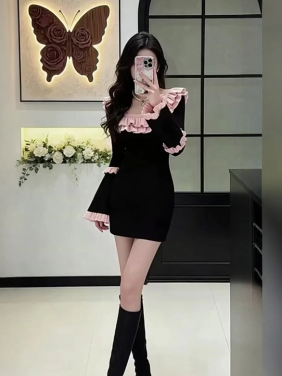 

Корейское вязаное платье-футляр Slim Fit черного цвета для женщин: зимняя мода, элегантность, длинный рукав, для города и офиса