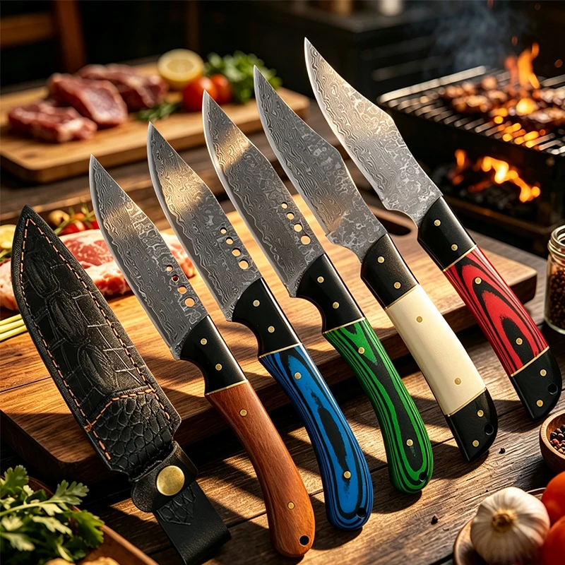 Hunting Camp Outdoor Kitchen - ダマスカス鋼アウトドアユーティリティナイフ、キャンプ、狩猟、キッチンナイフ、肉、果物、野菜、バーベキュー、釣り用カッター、鞘付き ﻿