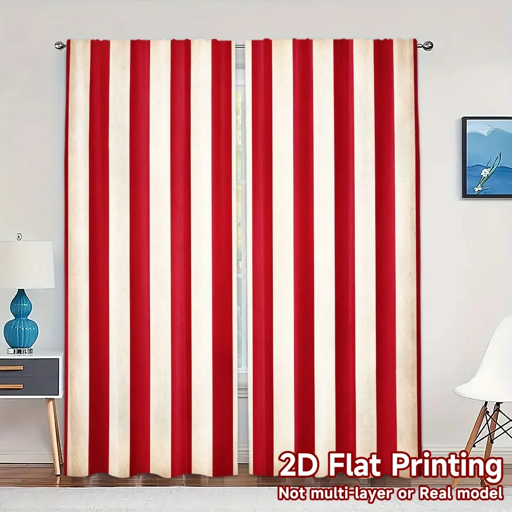 2pcs, 2D FLAT PRINTING Curtains (Without Rod) RedWhiteStripes(3) Pattern Popular Curtains Versatile 100% Polyester Curtains
