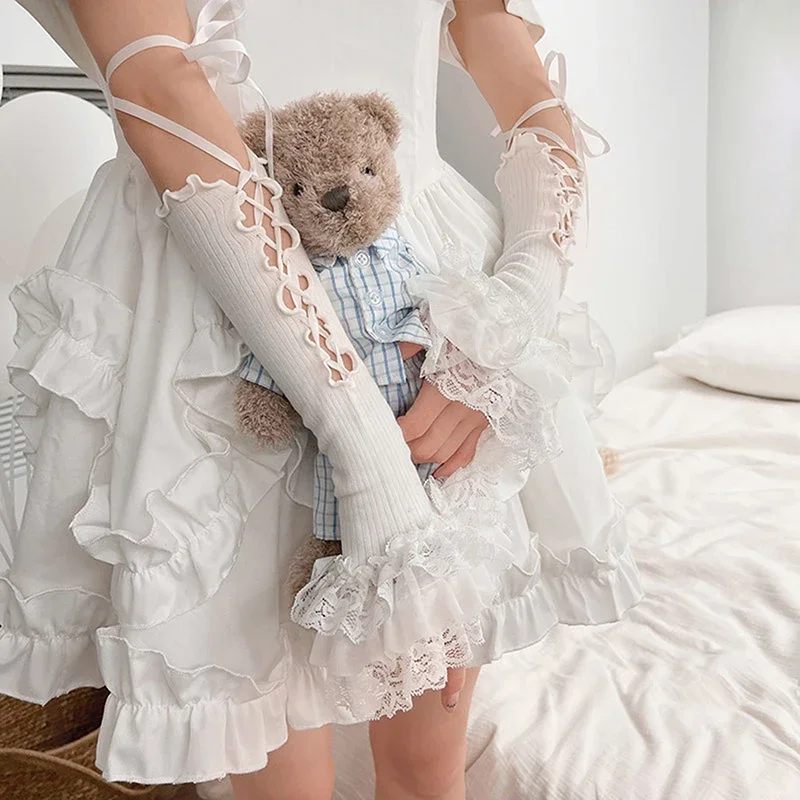 

High-quality Y2K Kawaii Lolita Lace Ruffle Arm Warmers Women Tie-up Elbow Length Fingerless Oversleeve Cuffs Covers