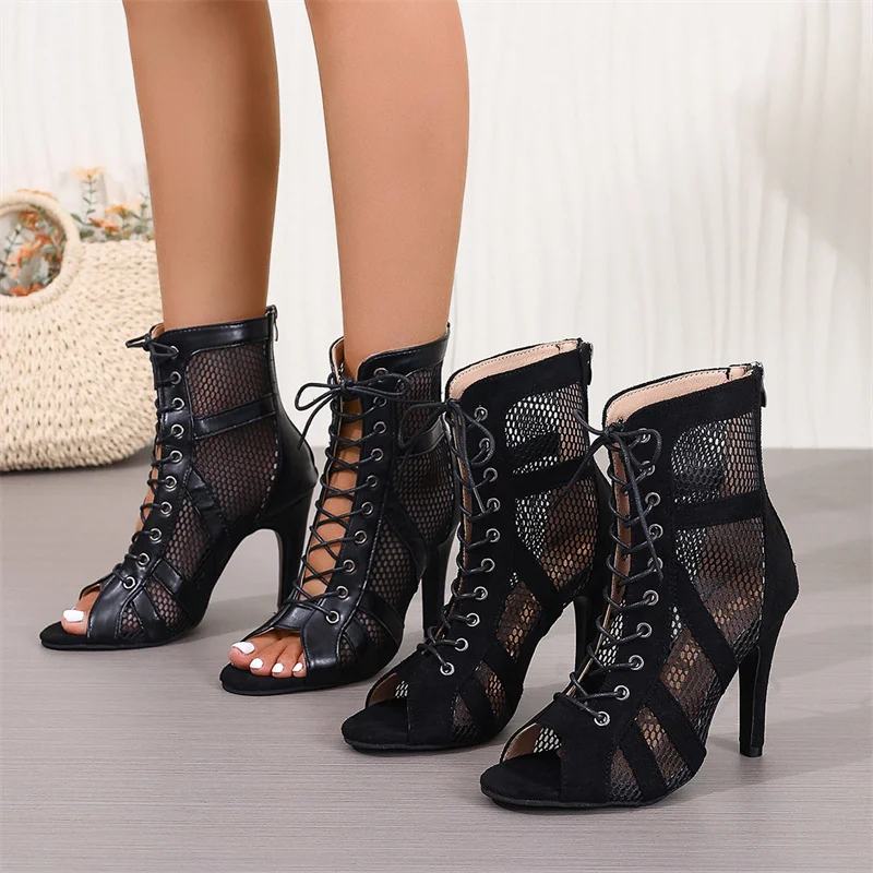 Woman Sexy Stilettos Heels Sandals women high top heels boots Latin Dance Shoes Mesh Boots Ladies Party Booties hollow out pumps