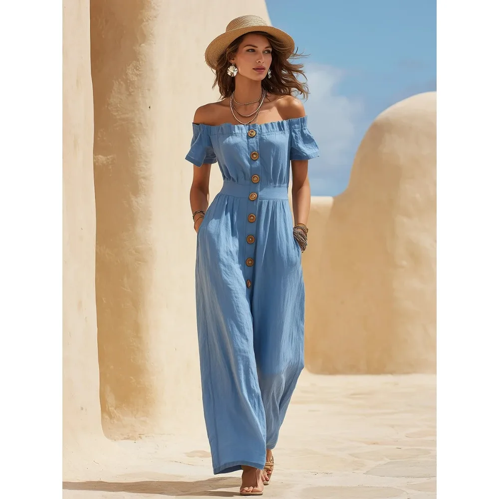 

Women Off Shoulder Button Front Wide Leg Jumpsuit Short Sleeve Ruffle Trim Casual Loose Fit Romper for Beach Vacation and Resort