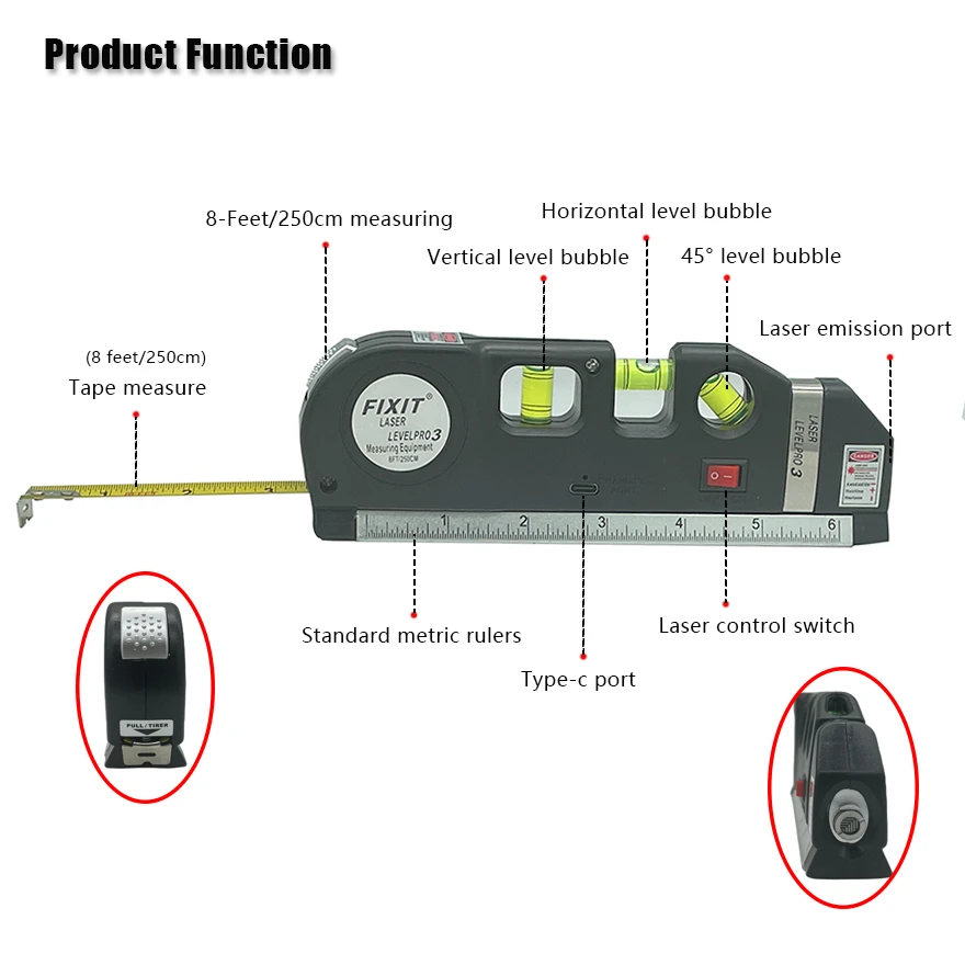 Laser Level USB Rechargeable Horizon Vertical Measure 8FT Aligner Standard And Metric Rulers Multipurpose Measure Level Laser