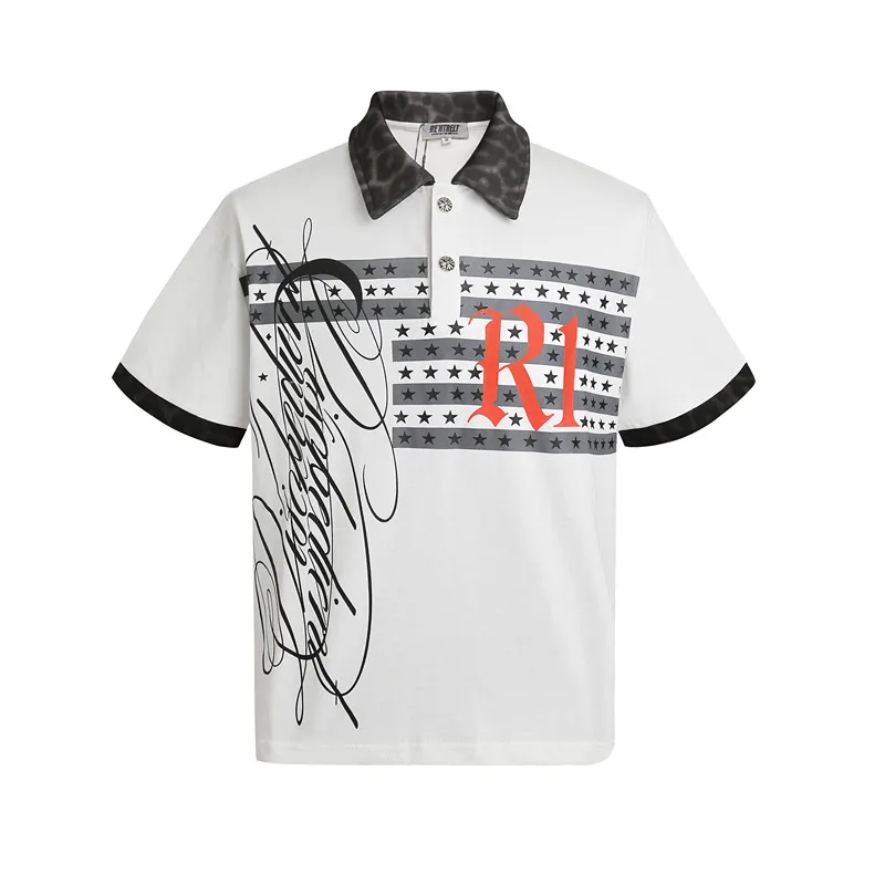 Summer American Vintage Leopard Collar Color Block Polo Shirt Men Star Stripe Cursive Letter Print Loose Short Sleeve White Top
