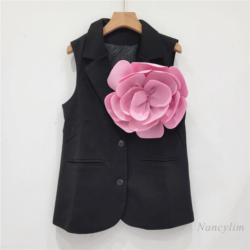 

European Style 2024 Spring and Autumn Black Three-Dimensional Flower Suit Vest for Women Street Youthful-Looking Loose Waistcoat