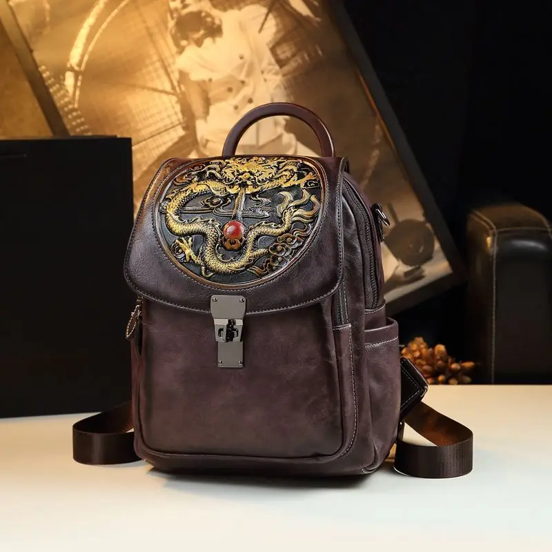 Retro National Style Leather Backpack Female Dragon Year Embossment Large Capacity Single Shoulder Multi-functional Travel Bag