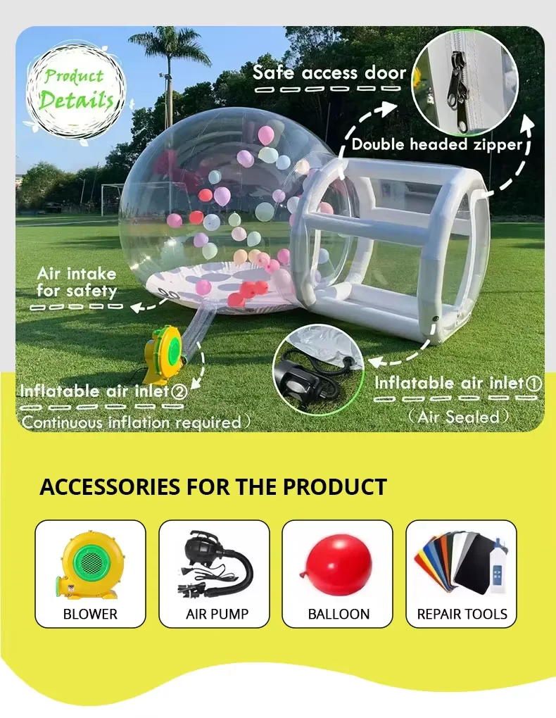 Stock UE : Tente bulle gonflable transparente ; installation rapide, avec souffleur inclus, idéale pour le camping en plein air, les fêtes et les décorations festives.