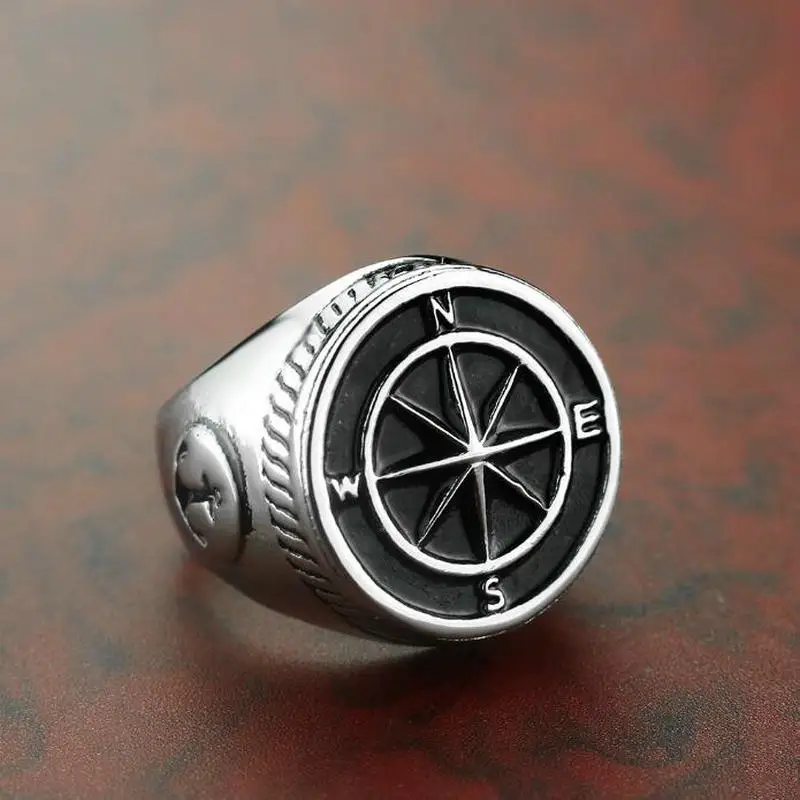 Stainless steel polished compass boat anchor cast men's ring