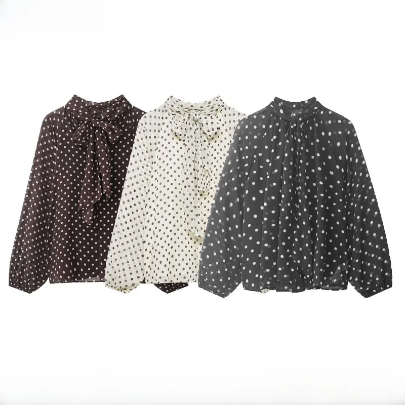 

Fashionable Polka Dot Print Shirt Women's Spring Summer New Arrival Breathable Polyester Long Sleeve Button up Casual Shirt