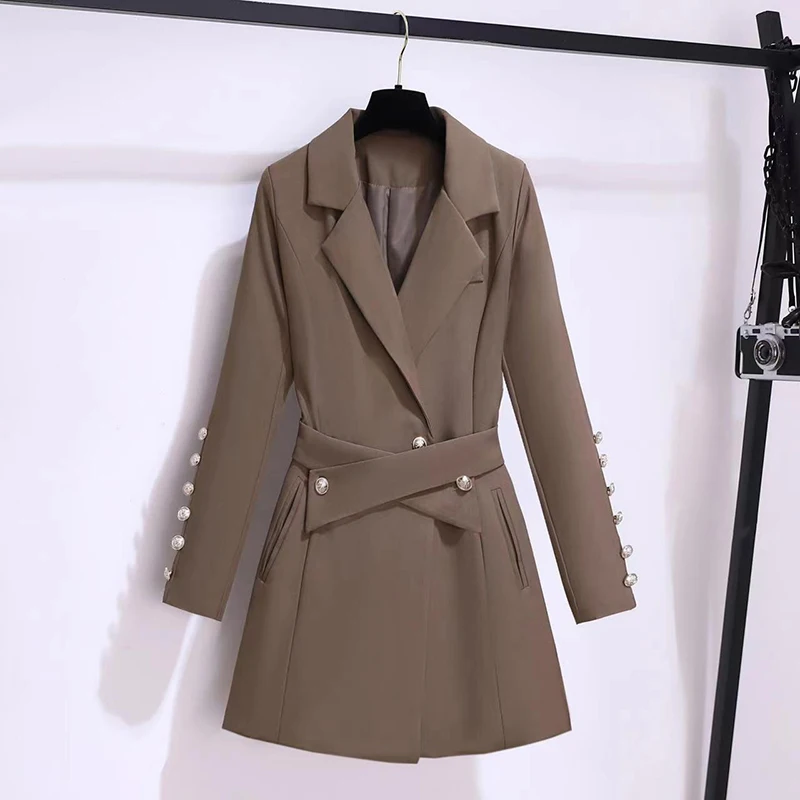 

Spring Women Korean Khaki Black Blazers With Sashes Single Button Notched Collar Long Sleeve Female Suit Jacket Casaco Feminino